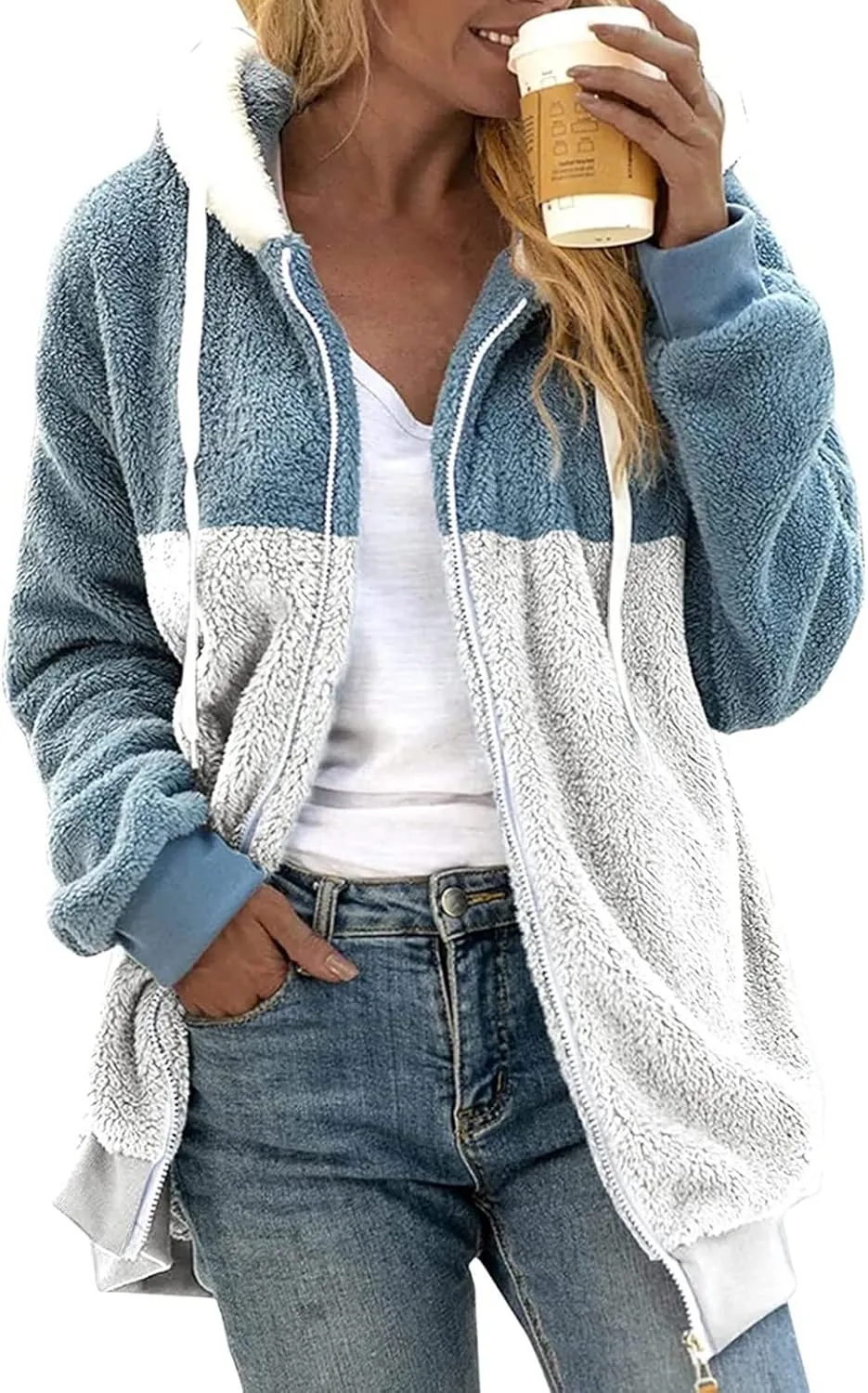 HXHYQKP Womens Fleece Zip Up Jacket Winter Coats Plus Size Jacket Hoodies Plush Warm Fuzzy Coat with Pockets