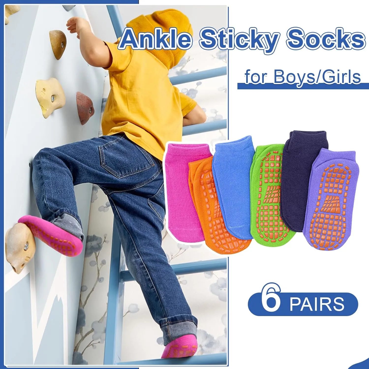 HYCLES Boys Girls Non-Slip Toddler Socks Grip Ankle Sticky Socks Anti-Skid Sock for Kids 6 Pairs for 2-13 Years Kids
