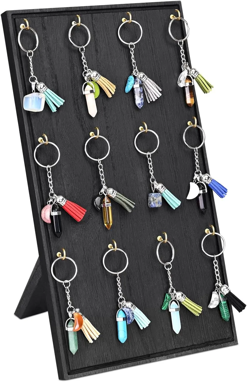 Ikee Design Wooden Jewelry Display Stand with 12 hooks, Earring Display with Hooks, Bracelet, Earring, Keychain Stand for Selling,7.8W x 7.8D x 15.9H in, Black Color