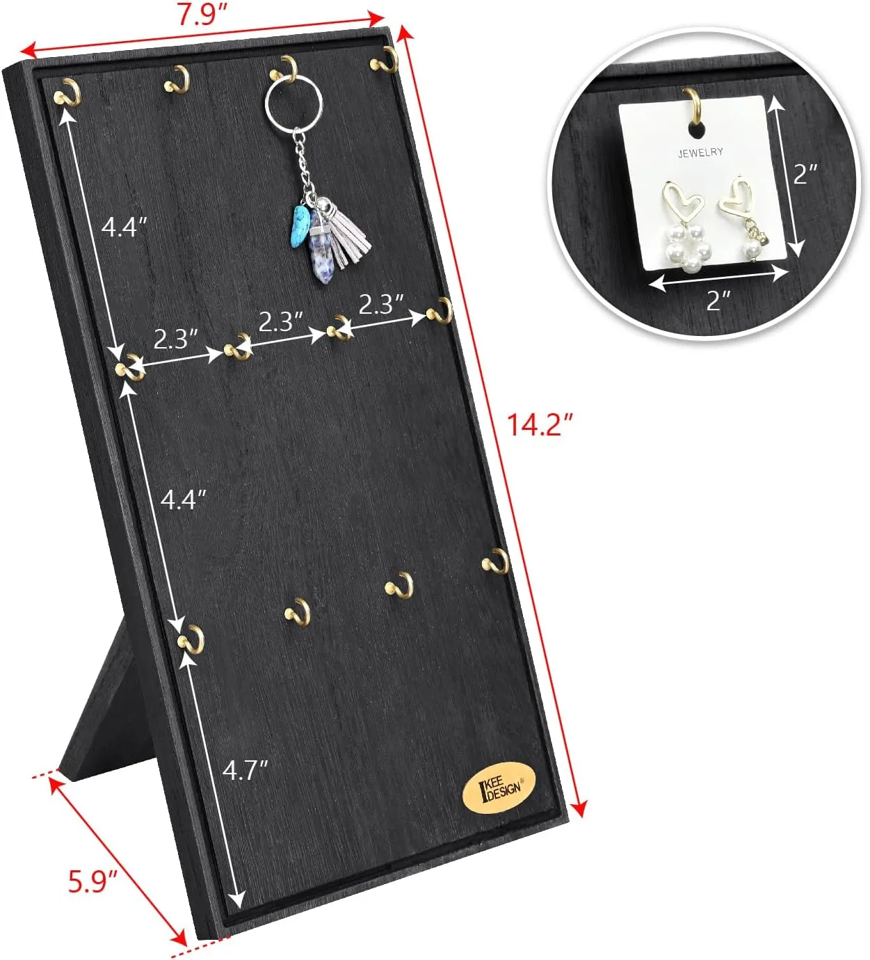Ikee Design Wooden Jewelry Display Stand with 12 hooks, Earring Display with Hooks, Bracelet, Earring, Keychain Stand for Selling,7.8W x 7.8D x 15.9H in, Black Color