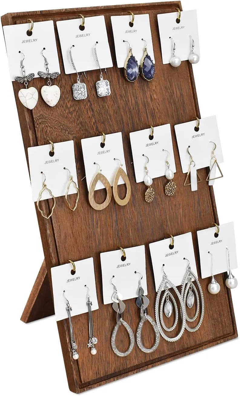 Ikee Design Wooden Jewelry Display Stand with 12 hooks, Earring Display with Hooks, Bracelet, Earring, Keychain Stand for Selling,7.8W x 7.8D x 15.9H in, Brown Color
