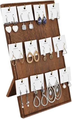 Ikee Design Wooden Jewelry Display Stand with 12 hooks, Earring Display with Hooks, Bracelet, Earring, Keychain Stand for Selling,7.8W x 7.8D x 15.9H in, Brown Color
