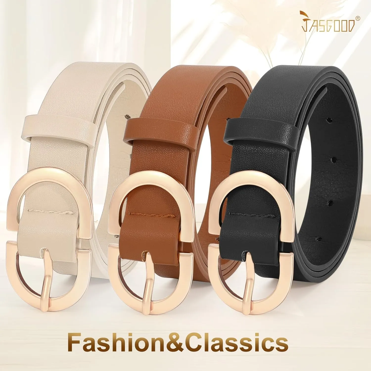 JASGOOD 3 Pack Women Faux Leather Belts for Jeans Pants Fashion Dresses Ladies Belt with Gold Buckle