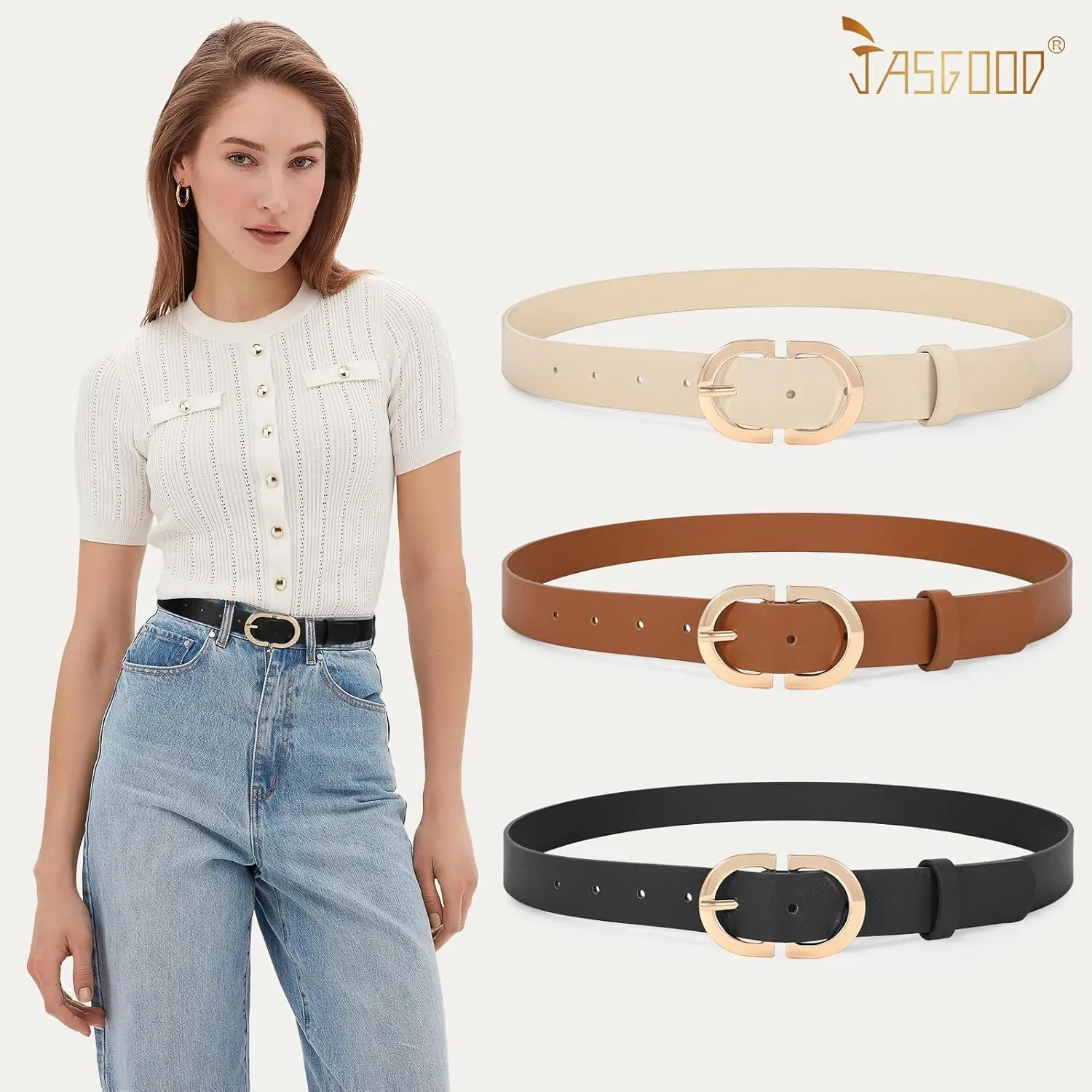 JASGOOD 3 Pack Women Faux Leather Belts for Jeans Pants Fashion Dresses Ladies Belt with Gold Buckle