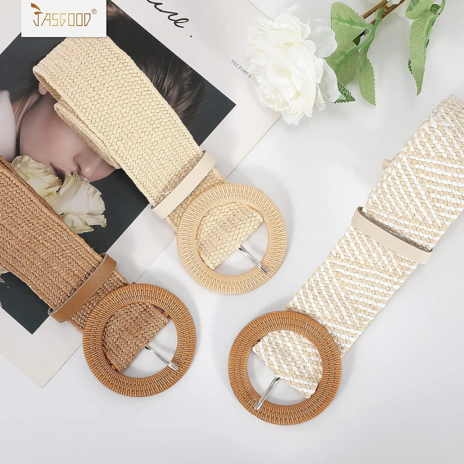 JASGOOD Straw Woven Elastic Stretch Belts Women Raffia Dress Waist Band Boho Ladies Braided Dress Belts