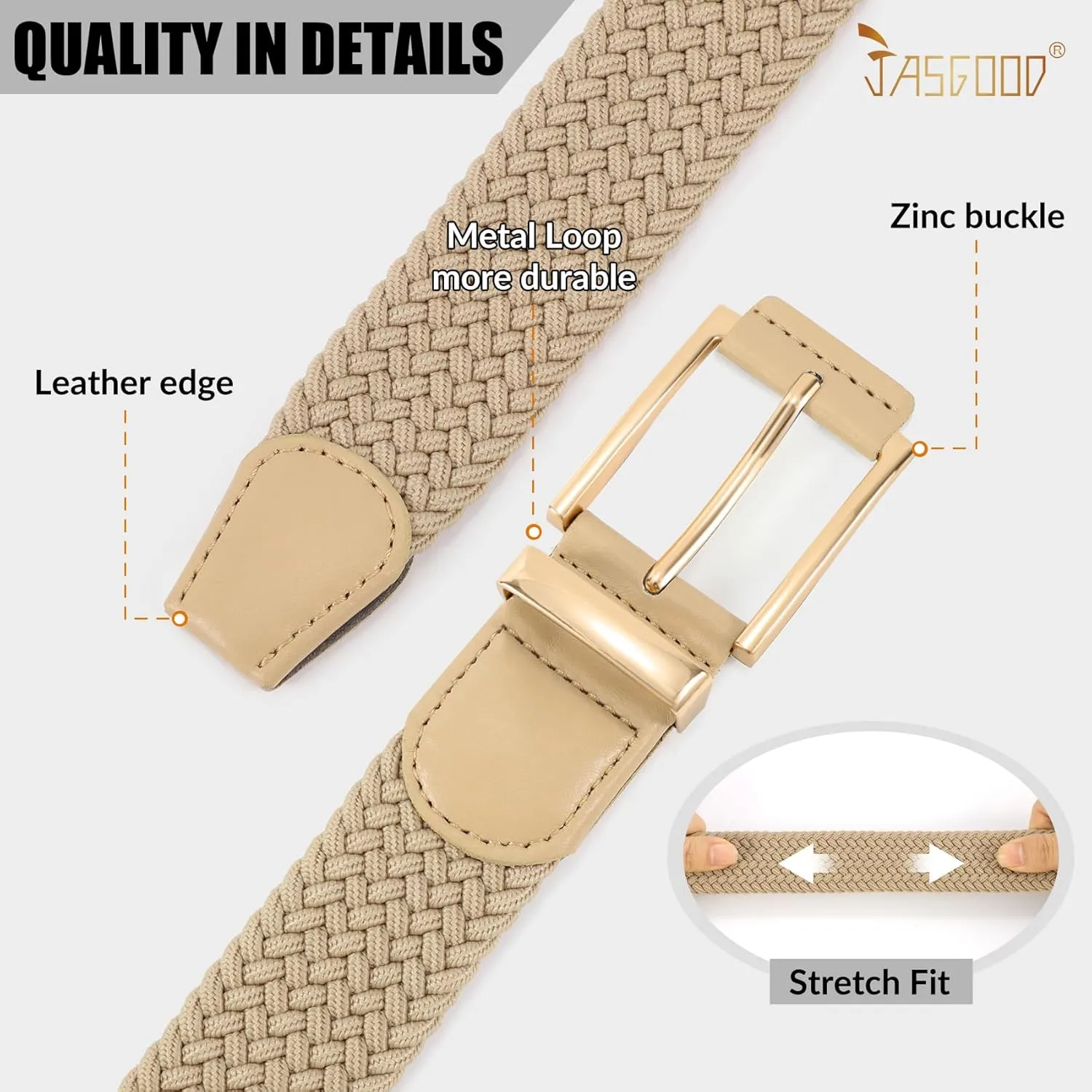 JASGOOD Stretchy Braided Belt for Men Elastic Woven Belt for Jeans Pants 1 3/8" Casual Men Women Golf Belt, Gift Box