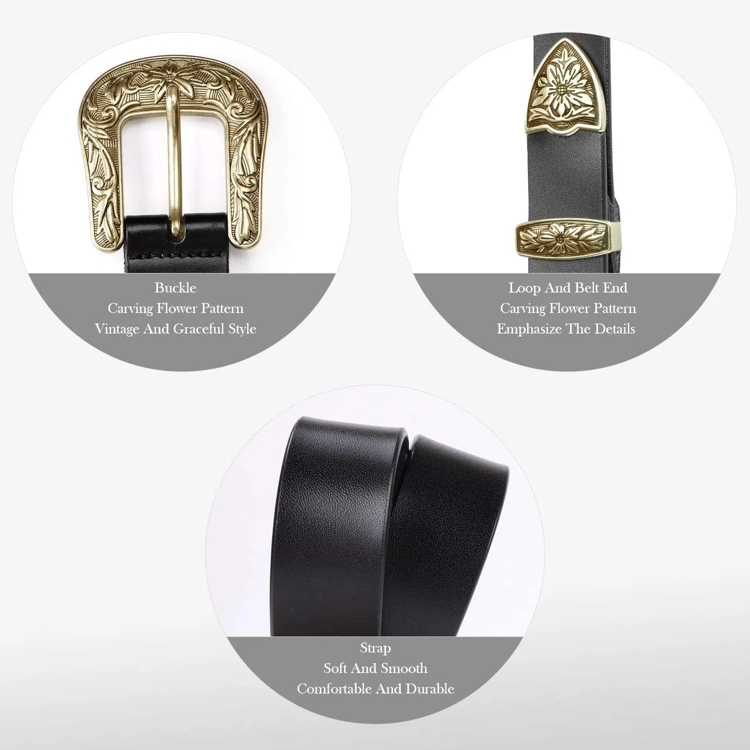 JASGOOD Women Leather Belts Ladies Vintage Western Design Black Waist Belt for Pants Dresses
