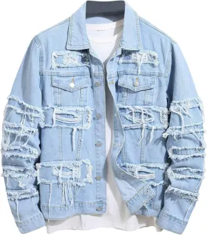 Jean Jacket for Men Distressed Classic Vintage Denim Jacket Casual Ripped Holes Button down Trucker Jacket Jean Coat