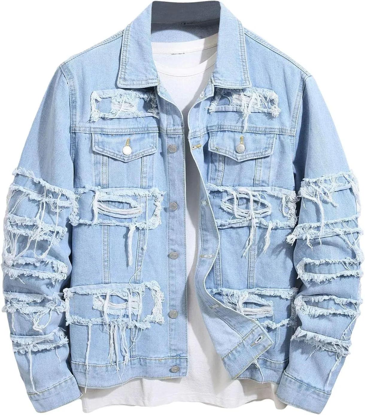 Jean Jacket for Men Distressed Classic Vintage Denim Jacket Casual Ripped Holes Button down Trucker Jacket Jean Coat