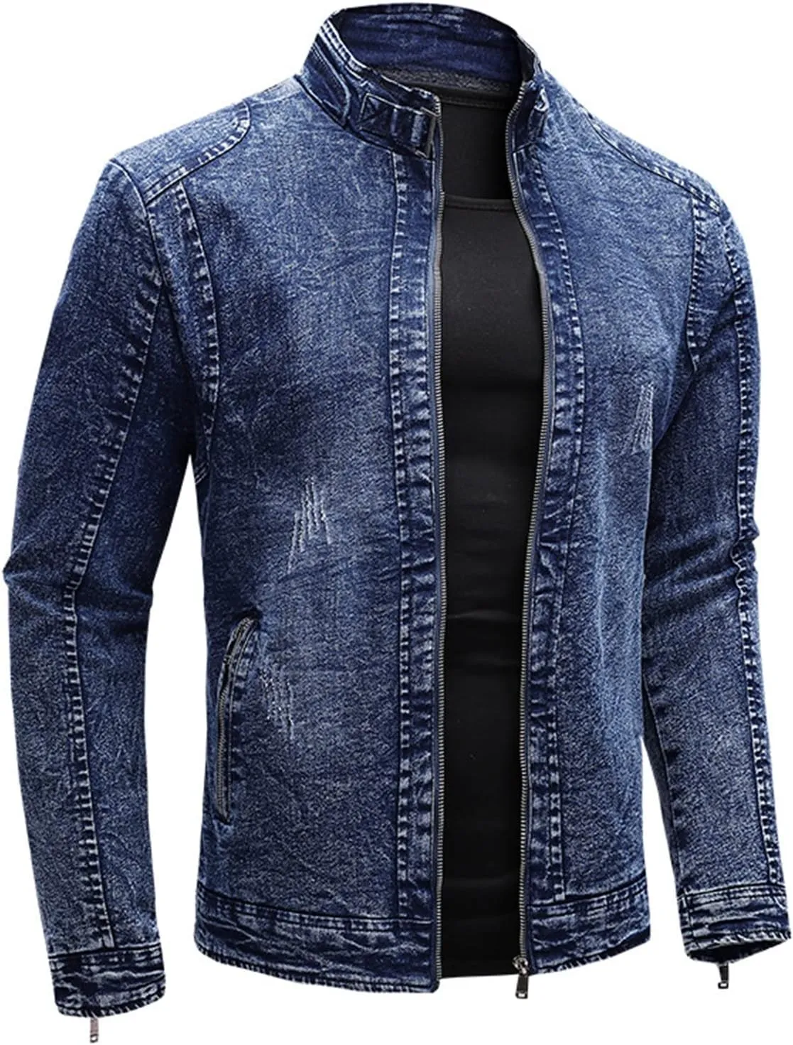 JEsilunmaMY Casual Stretch Denim Jacket for Men Slim Fit Fleece Lined Trucker Jean Coat Zip Up Distressed Cardigan Outwear