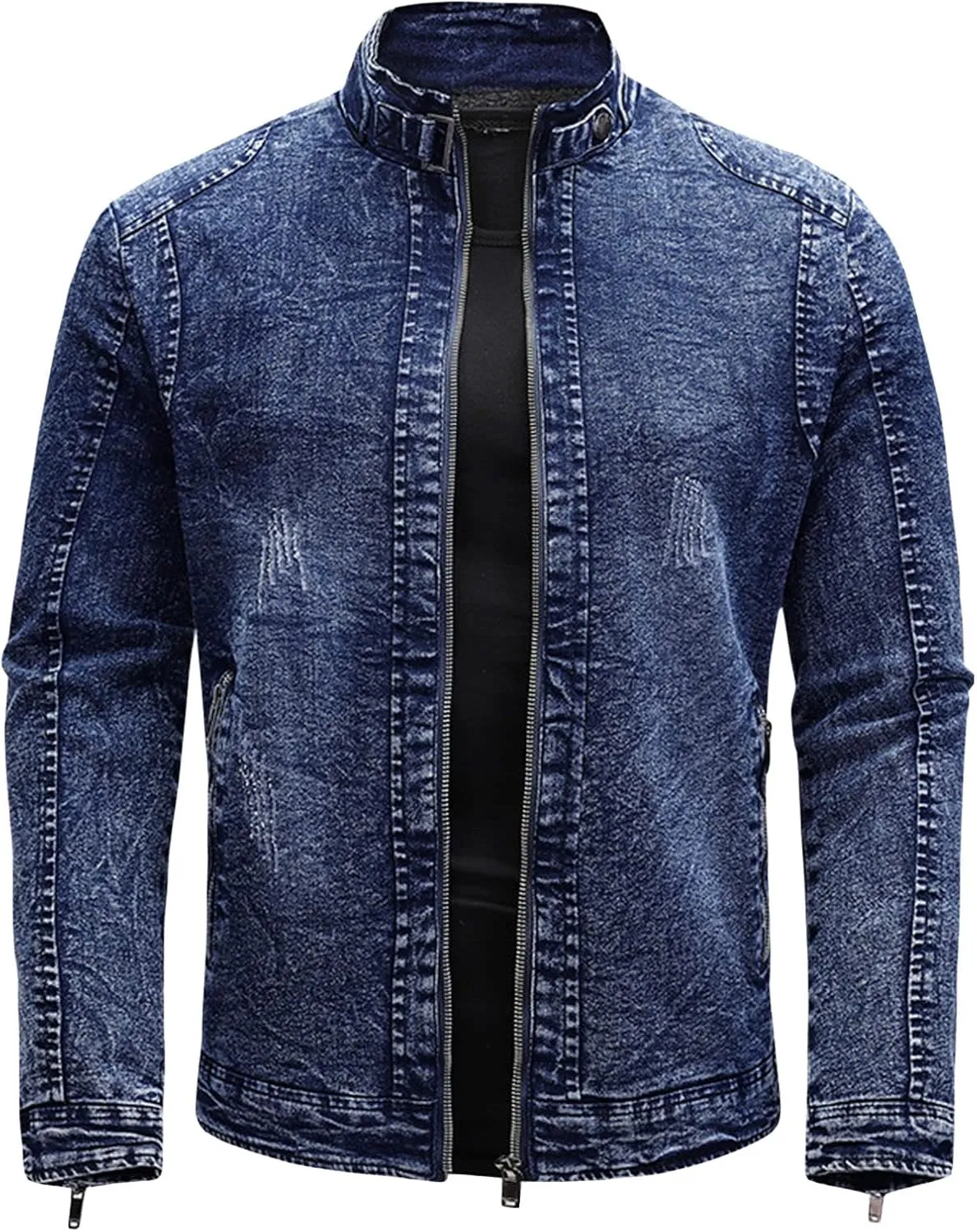 JEsilunmaMY Casual Stretch Denim Jacket for Men Slim Fit Fleece Lined Trucker Jean Coat Zip Up Distressed Cardigan Outwear