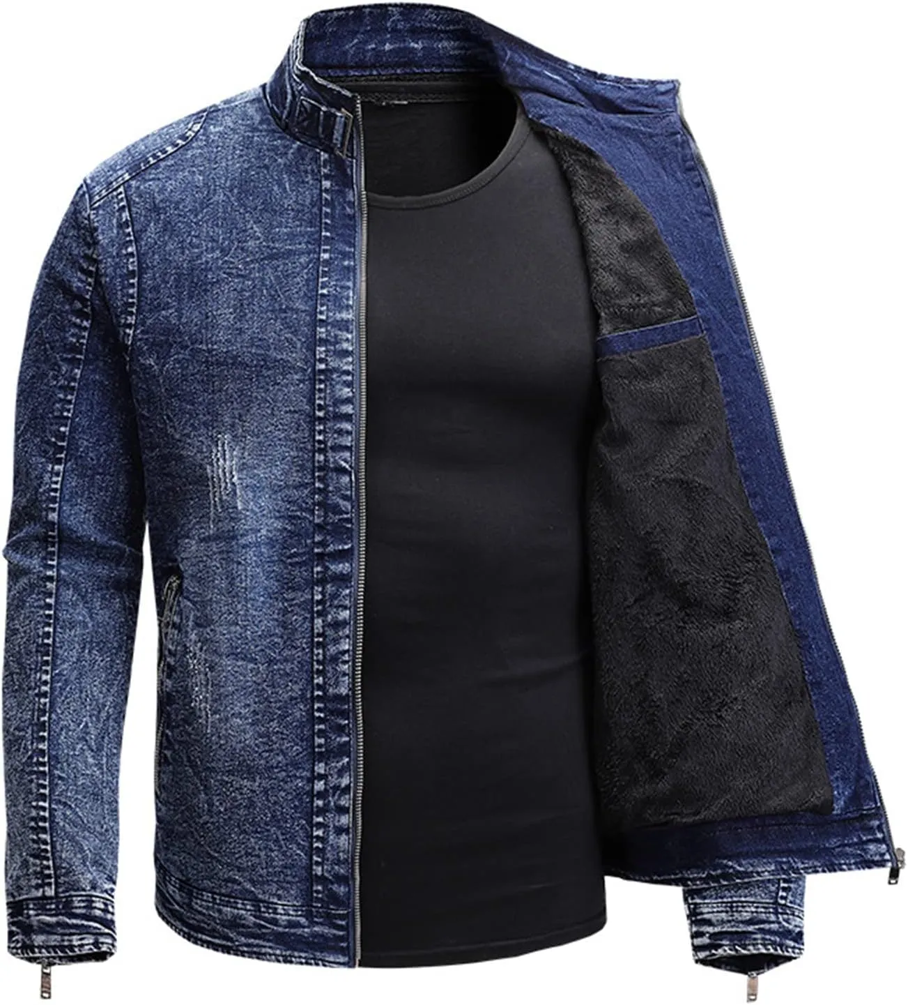 JEsilunmaMY Casual Stretch Denim Jacket for Men Slim Fit Fleece Lined Trucker Jean Coat Zip Up Distressed Cardigan Outwear