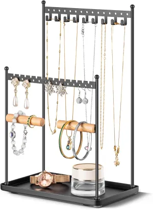 Jewelry Stand Necklace Holder Organizer  3-Tier Jewelry Display Rack with Storage Tray  Holds 22 Pairs of Earrings, Bracelets, Rings, Necklaces  Gift for Girls & Women, Black