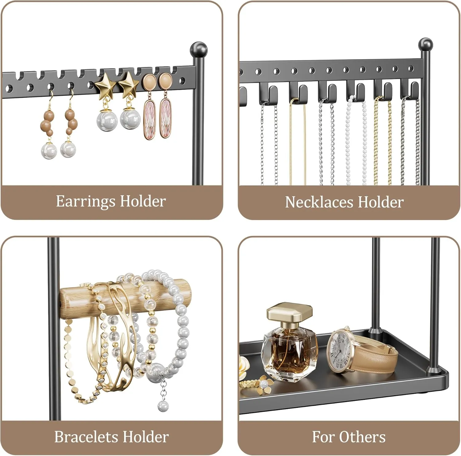 Jewelry Stand Necklace Holder Organizer  3-Tier Jewelry Display Rack with Storage Tray  Holds 22 Pairs of Earrings, Bracelets, Rings, Necklaces  Gift for Girls & Women, Black