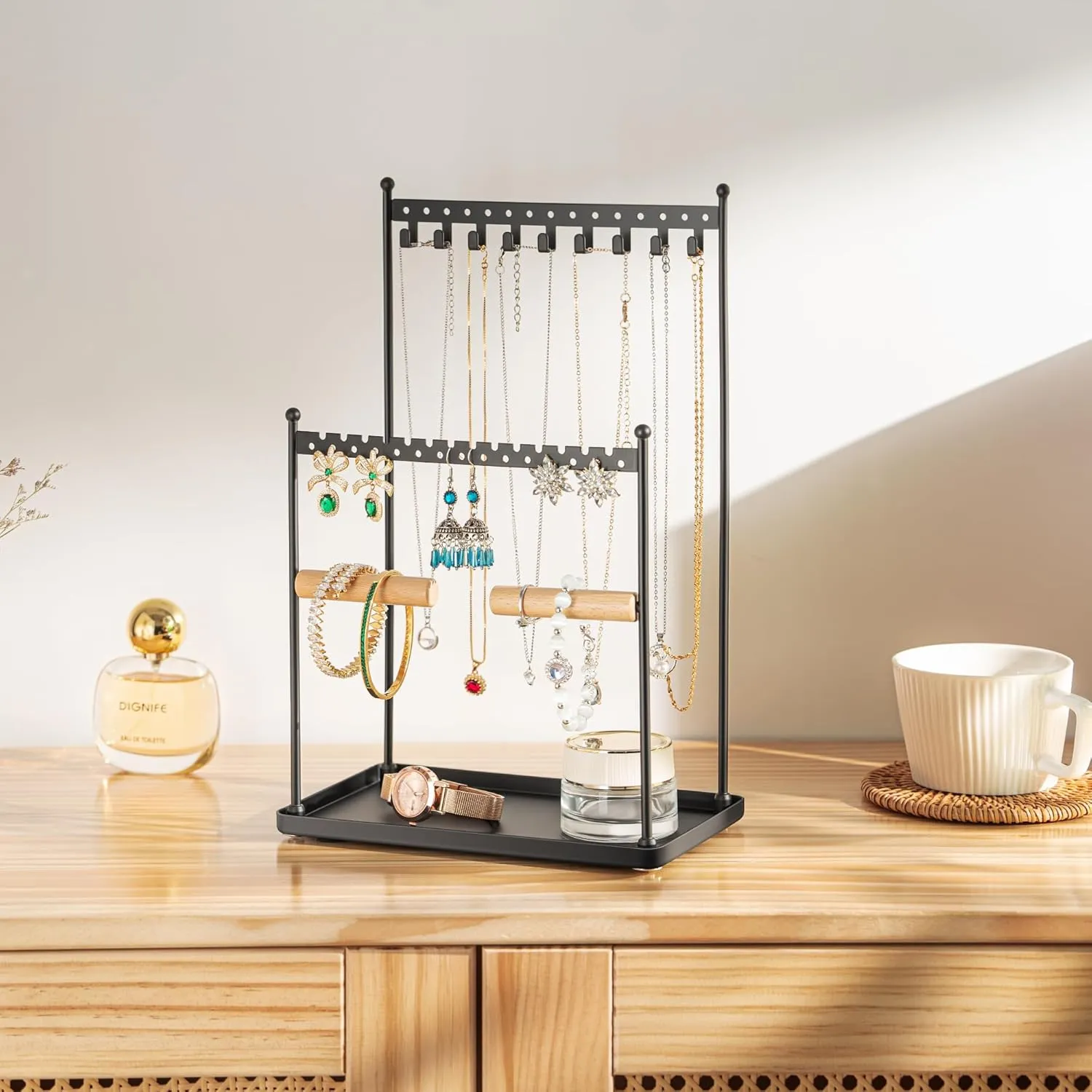 Jewelry Stand Necklace Holder Organizer  3-Tier Jewelry Display Rack with Storage Tray  Holds 22 Pairs of Earrings, Bracelets, Rings, Necklaces  Gift for Girls & Women, Black