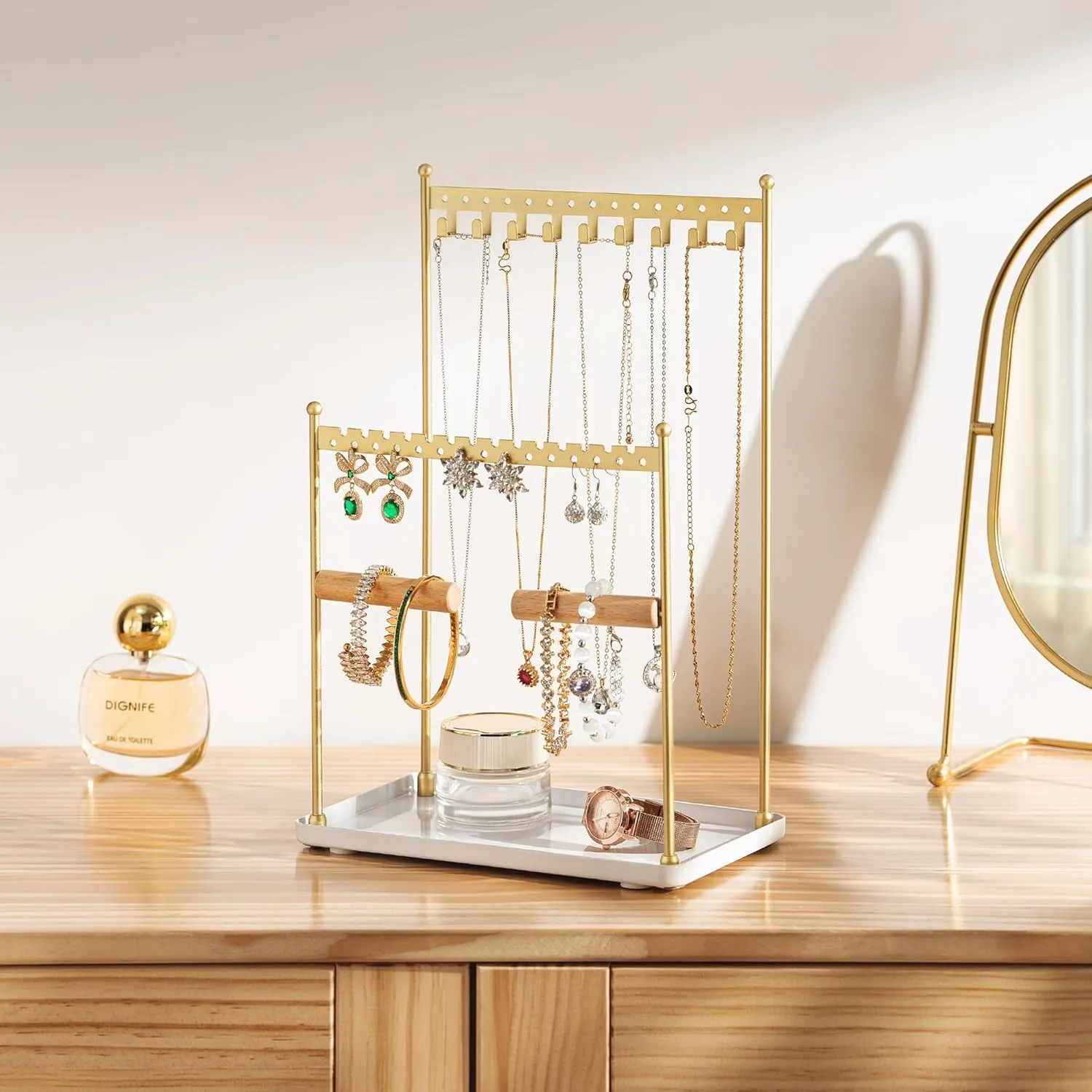 Jewelry Stand Necklace Holder Organizer  3-Tier Jewelry Display Rack with Storage Tray  Holds 22 Pairs of Earrings, Bracelets, Rings, Necklaces  Gift for Girls & Women, Gold