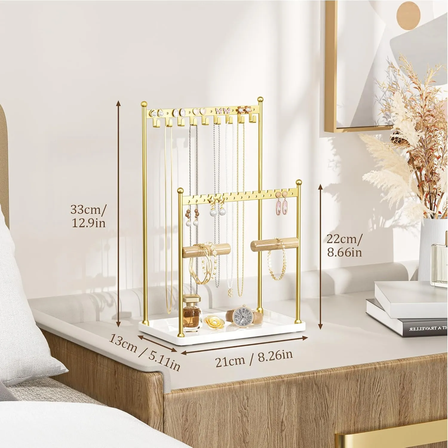 Jewelry Stand Necklace Holder Organizer  3-Tier Jewelry Display Rack with Storage Tray  Holds 22 Pairs of Earrings, Bracelets, Rings, Necklaces  Gift for Girls & Women, Gold