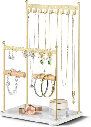 Jewelry Stand Necklace Holder Organizer  3-Tier Jewelry Display Rack with Storage Tray  Holds 22 Pairs of Earrings, Bracelets, Rings, Necklaces  Gift for Girls & Women, Gold