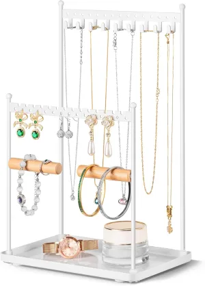 Jewelry Stand Necklace Holder Organizer  3-Tier Jewelry Display Rack with Storage Tray  Holds 22 Pairs of Earrings, Bracelets, Rings, Necklaces  Gift for Girls & Women, White