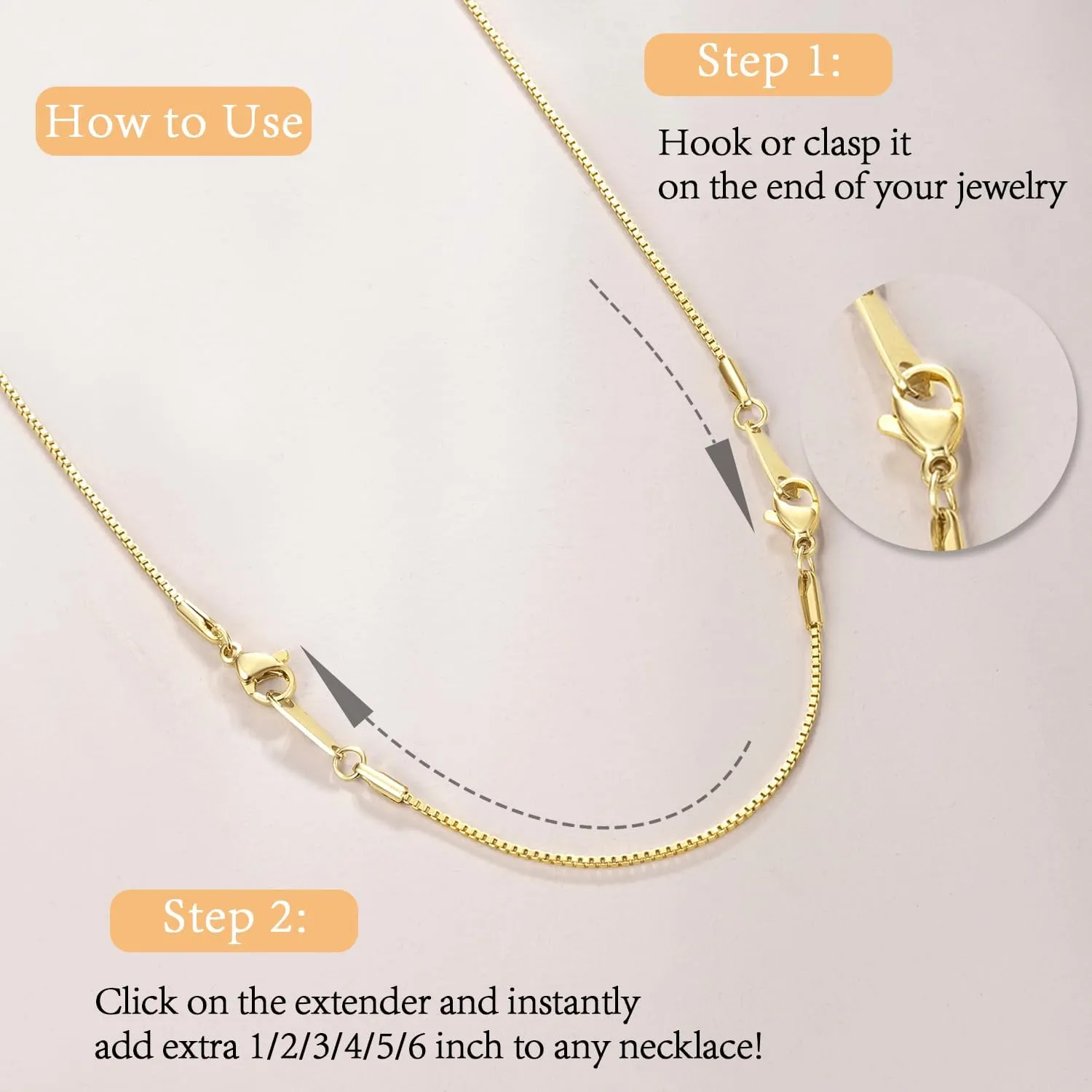 Jewlpire 18K 14K Gold Plated Necklace Extender for Women with 6 Piece Set (1", 2", 3", 4", 5", 6"), Gold/Silver/Rose Gold Box Chain | Cable Chain Extender for Necklace, Extenders for Bracelets Anklets
