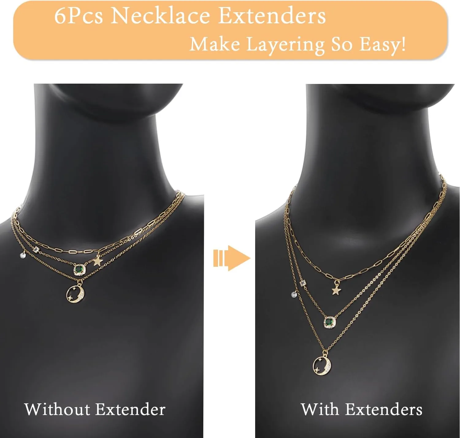 Jewlpire 18K 14K Gold Plated Necklace Extender for Women with 6 Piece Set (1", 2", 3", 4", 5", 6"), Gold/Silver/Rose Gold Box Chain | Cable Chain Extender for Necklace, Extenders for Bracelets Anklets