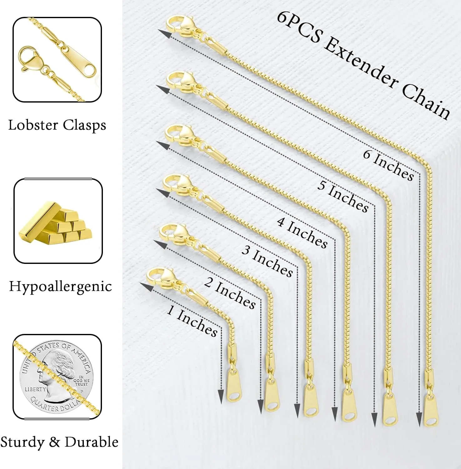 Jewlpire 18K 14K Gold Plated Necklace Extender for Women with 6 Piece Set (1", 2", 3", 4", 5", 6"), Gold/Silver/Rose Gold Box Chain | Cable Chain Extender for Necklace, Extenders for Bracelets Anklets