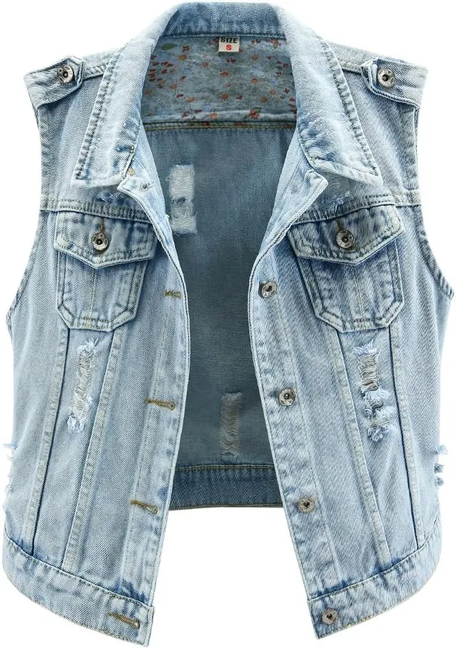 Kedera Womens Denim Jean Vest Classic Junior Button Up Cropped Distressed Sleeveless Jean Jacket