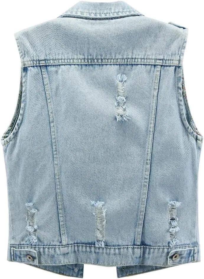 Kedera Womens Denim Jean Vest Classic Junior Button Up Cropped Distressed Sleeveless Jean Jacket