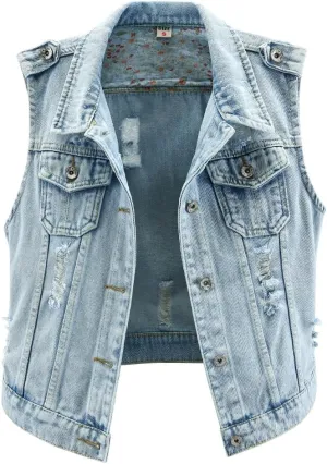 Kedera Womens Denim Jean Vest Classic Junior Button Up Cropped Distressed Sleeveless Jean Jacket