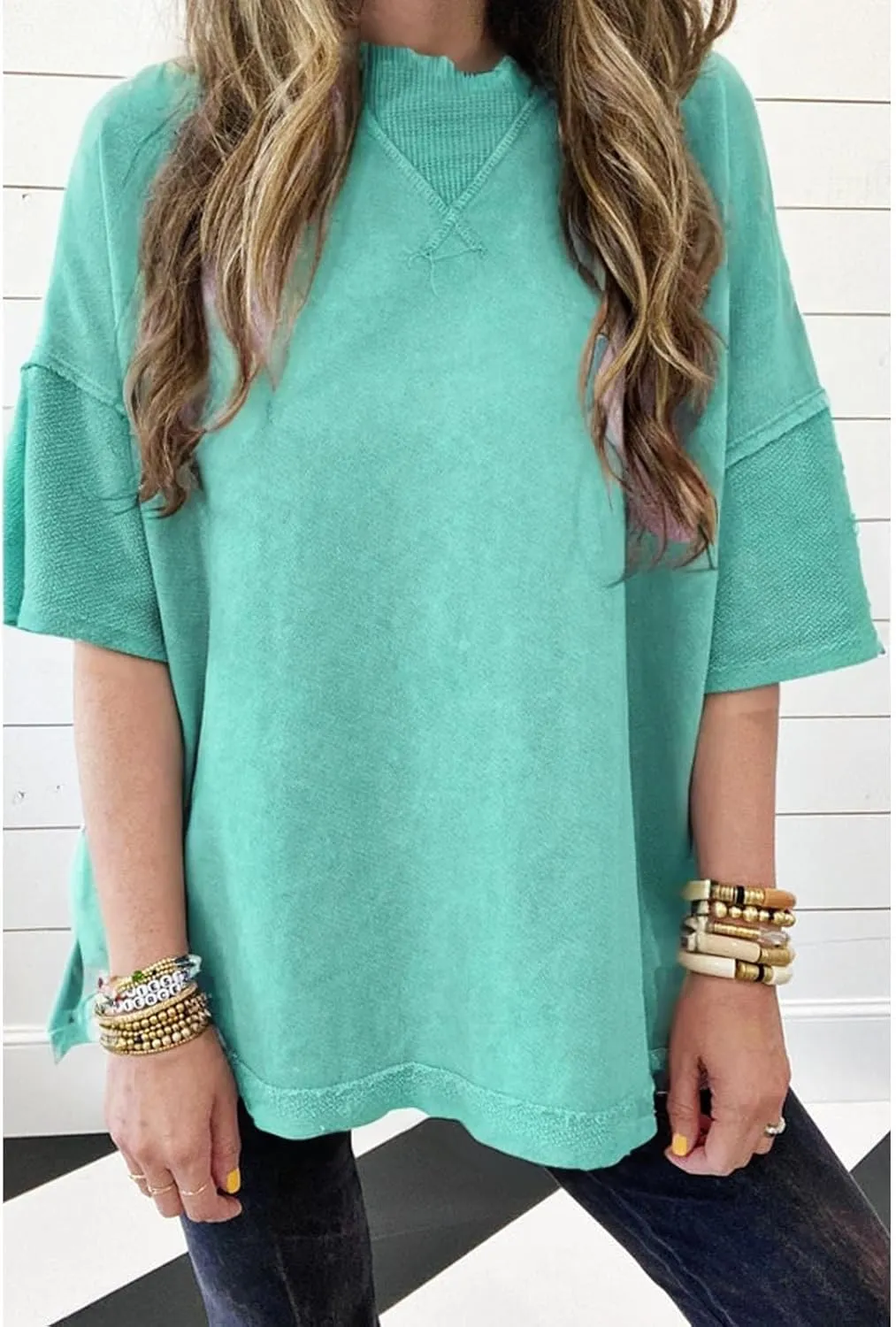 KevaMolly Womens Oversized Tshirts Tops Short Sleeve Mineral Wash Exposed Seam Drop Shoulder Tee Casual Solid Tshirt