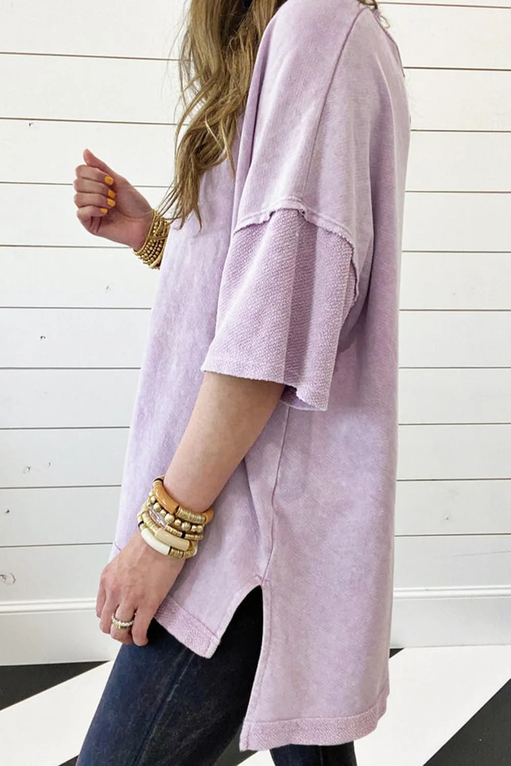 KevaMolly Womens Oversized Tshirts Tops Short Sleeve Mineral Wash Exposed Seam Drop Shoulder Tee Casual Solid Tshirt