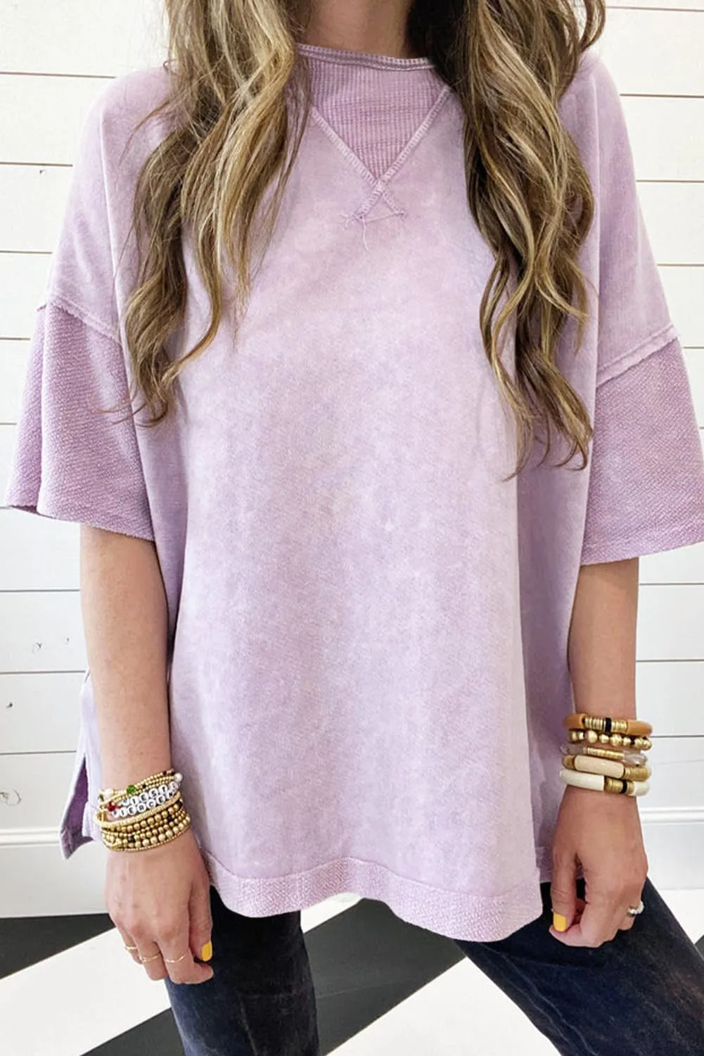 KevaMolly Womens Oversized Tshirts Tops Short Sleeve Mineral Wash Exposed Seam Drop Shoulder Tee Casual Solid Tshirt