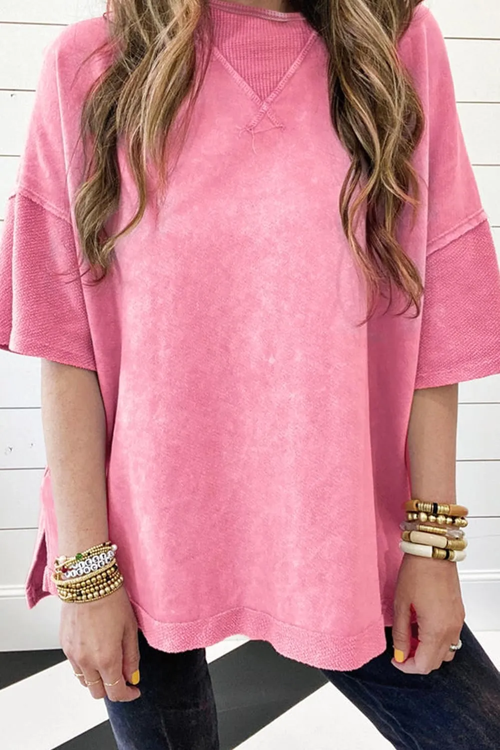 KevaMolly Womens Oversized Tshirts Tops Short Sleeve Mineral Wash Exposed Seam Drop Shoulder Tee Casual Solid Tshirt