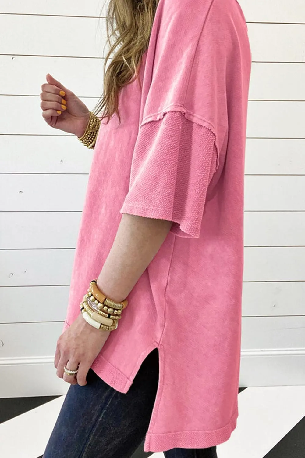 KevaMolly Womens Oversized Tshirts Tops Short Sleeve Mineral Wash Exposed Seam Drop Shoulder Tee Casual Solid Tshirt