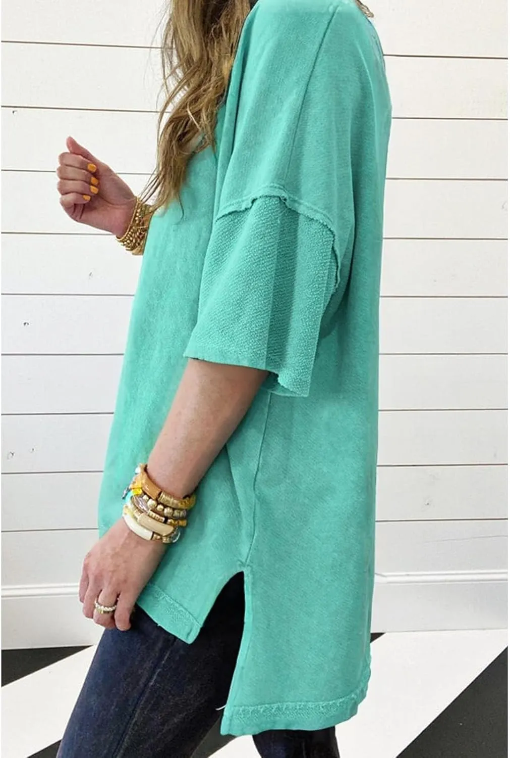 KevaMolly Womens Oversized Tshirts Tops Short Sleeve Mineral Wash Exposed Seam Drop Shoulder Tee Casual Solid Tshirt