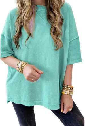 KevaMolly Womens Oversized Tshirts Tops Short Sleeve Mineral Wash Exposed Seam Drop Shoulder Tee Casual Solid Tshirt