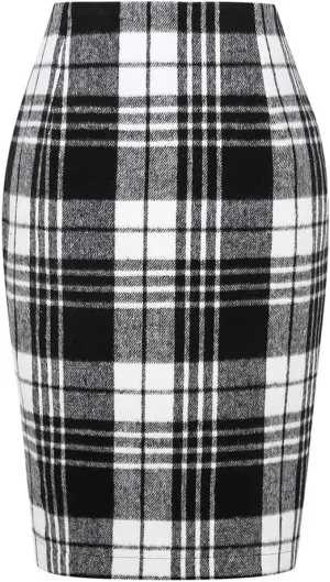 Kinghua Womens Wool Plaid Pencil Skirt Fall Winter High Waisted Slit Bodycon Knee Length Midi Skirt