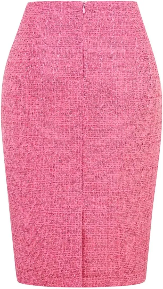 Kinghua Womens Wool Plaid Pencil Skirt Fall Winter High Waisted Slit Bodycon Knee Length Midi Skirt