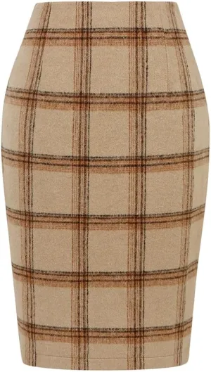Kinghua Womens Wool Plaid Pencil Skirt Fall Winter High Waisted Slit Bodycon Knee Length Midi Skirt
