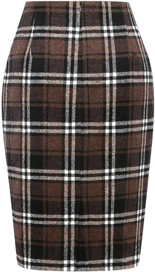 Kinghua Womens Wool Plaid Pencil Skirt Fall Winter High Waisted Slit Bodycon Knee Length Midi Skirt