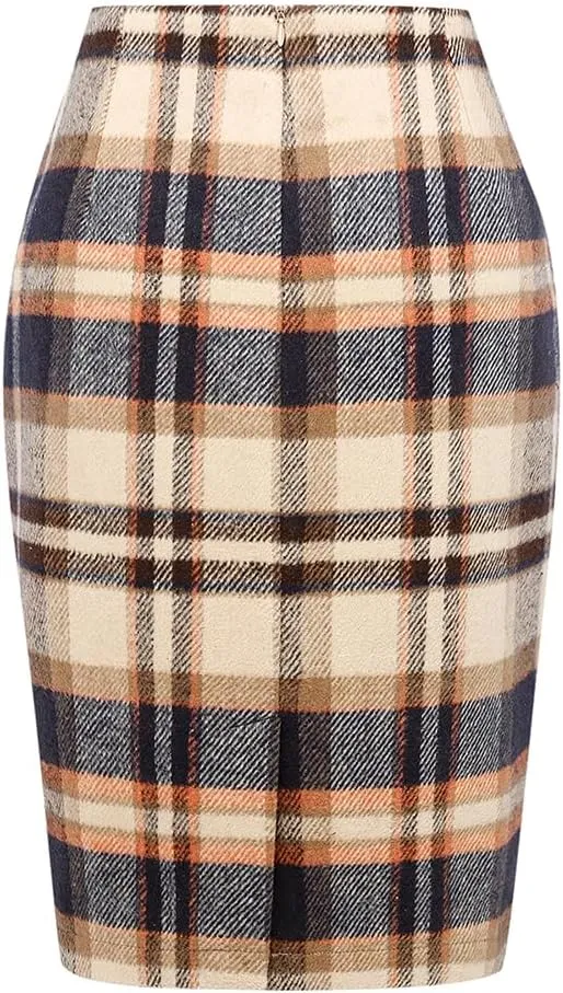 Kinghua Womens Wool Plaid Pencil Skirt Fall Winter High Waisted Slit Bodycon Knee Length Midi Skirt