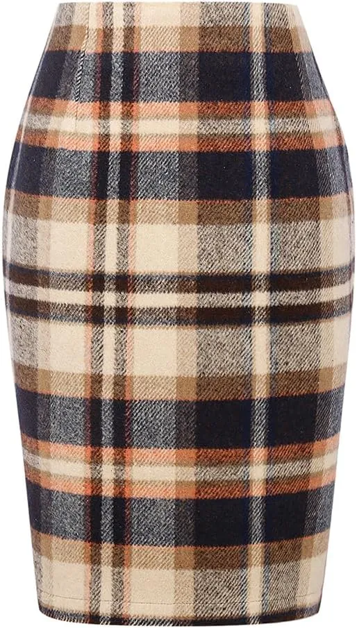 Kinghua Womens Wool Plaid Pencil Skirt Fall Winter High Waisted Slit Bodycon Knee Length Midi Skirt