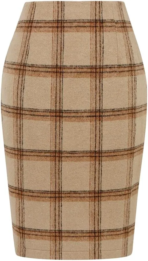Kinghua Womens Wool Plaid Pencil Skirt Fall Winter High Waisted Slit Bodycon Knee Length Midi Skirt