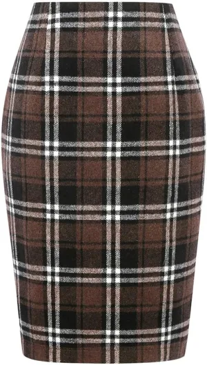 Kinghua Womens Wool Plaid Pencil Skirt Fall Winter High Waisted Slit Bodycon Knee Length Midi Skirt
