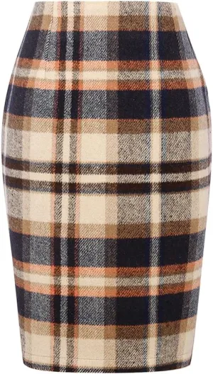 Kinghua Womens Wool Plaid Pencil Skirt Fall Winter High Waisted Slit Bodycon Knee Length Midi Skirt