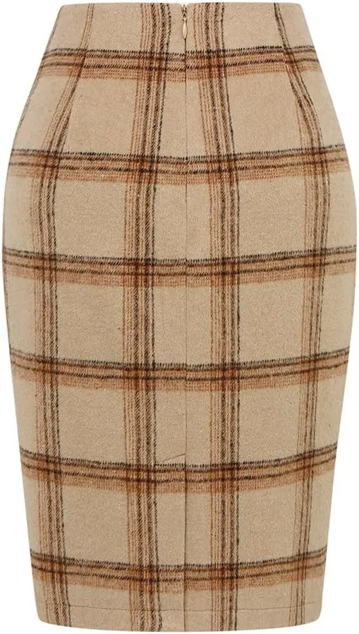 Kinghua Womens Wool Plaid Pencil Skirt Fall Winter High Waisted Slit Bodycon Knee Length Midi Skirt