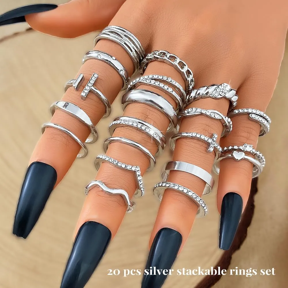 KISS WIFE Silver Kunckle Rings Set for Women, Dainty Simple Trendy Cute Stackable Finger Rings Pack, Stacking Layering on Thumb and Knuckle, Mixed Size