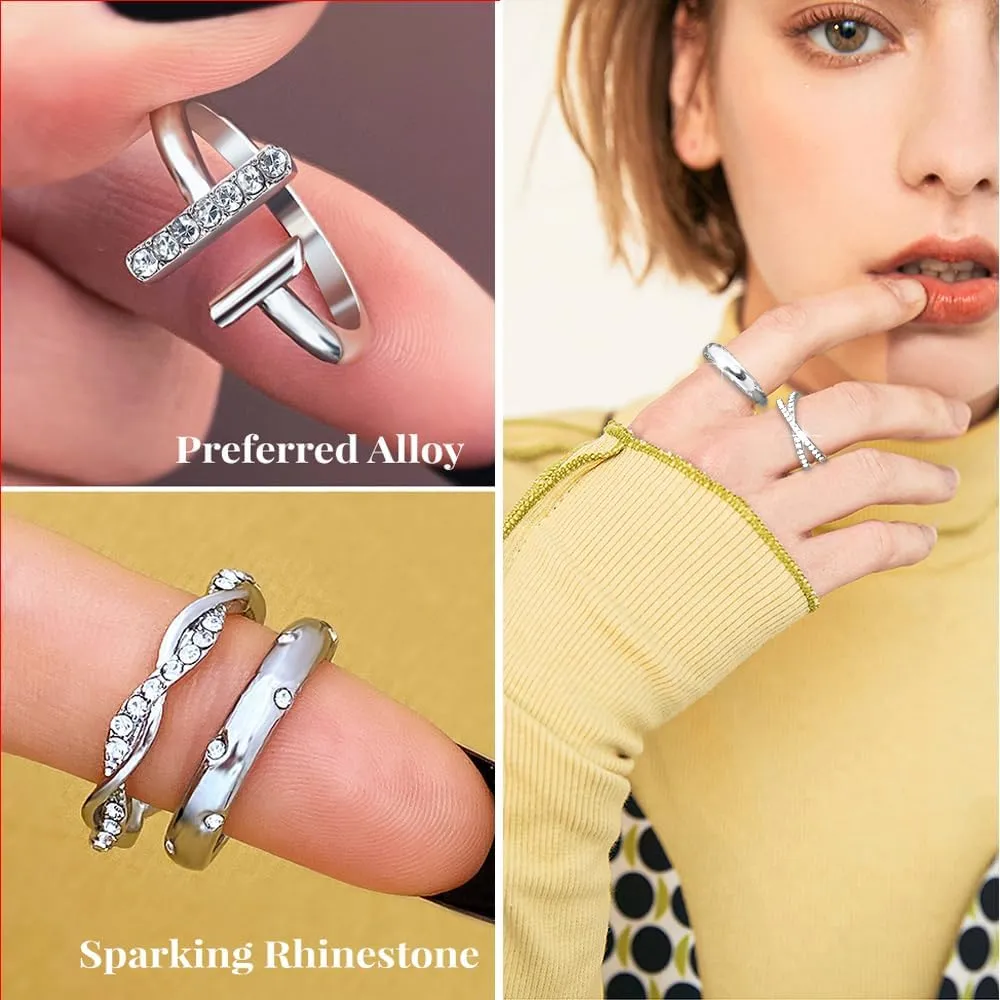 KISS WIFE Silver Kunckle Rings Set for Women, Dainty Simple Trendy Cute Stackable Finger Rings Pack, Stacking Layering on Thumb and Knuckle, Mixed Size