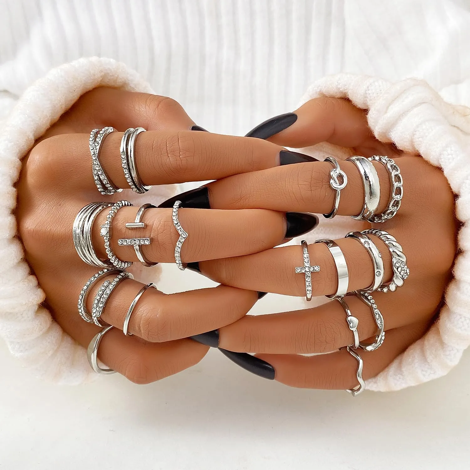 KISS WIFE Silver Kunckle Rings Set for Women, Dainty Simple Trendy Cute Stackable Finger Rings Pack, Stacking Layering on Thumb and Knuckle, Mixed Size