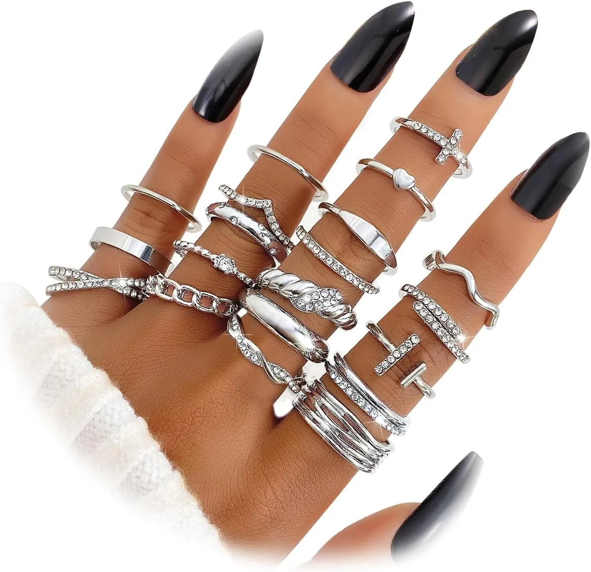 KISS WIFE Silver Kunckle Rings Set for Women, Dainty Simple Trendy Cute Stackable Finger Rings Pack, Stacking Layering on Thumb and Knuckle, Mixed Size